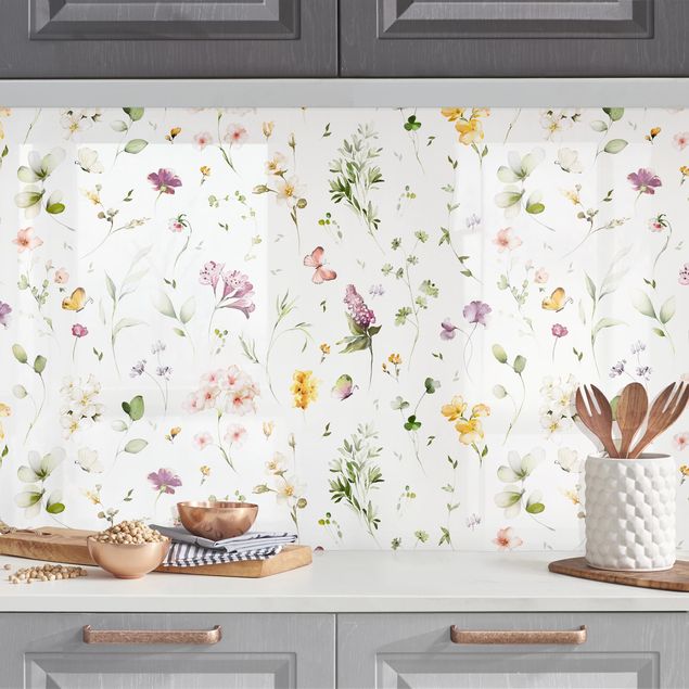 Küchenrückwand Folie Blumen Wildblumen Aquarell Muster