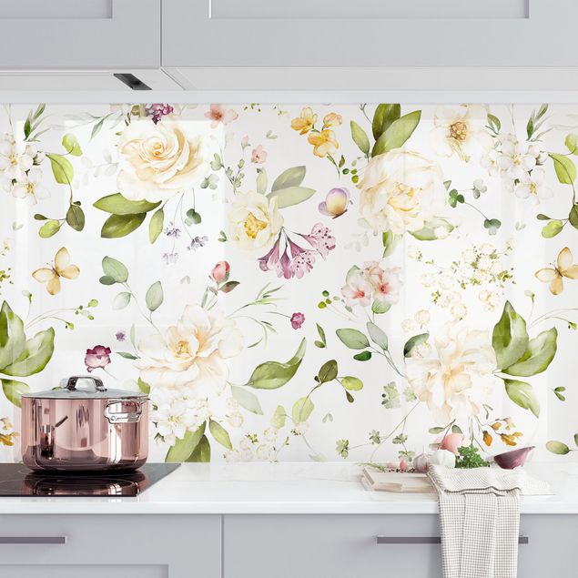 Küchenrückwände Blumen Wildblumen und Weiße Rosen Aquarell Muster