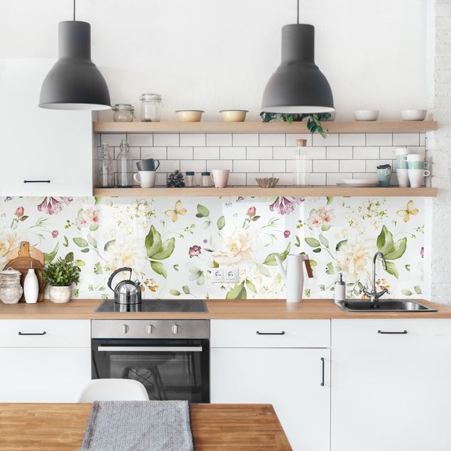 Küchenspiegel Glas Wildblumen und Weiße Rosen Aquarell Muster