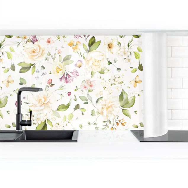 Küchenrückwand selbstklebend Wildblumen und Weiße Rosen Aquarell Muster
