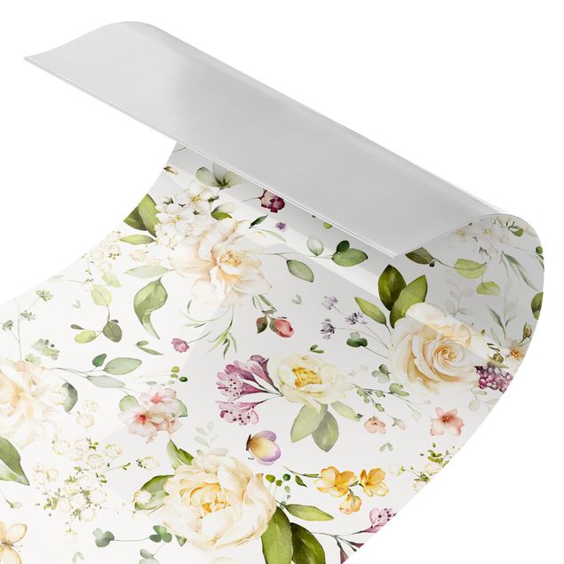 Küchenrückwand - Wildblumen und Weiße Rosen Aquarell Muster