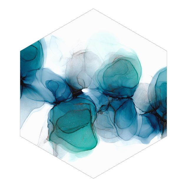 Hexagon Mustertapete selbstklebend - Wilde Blüten in Blau und Gold