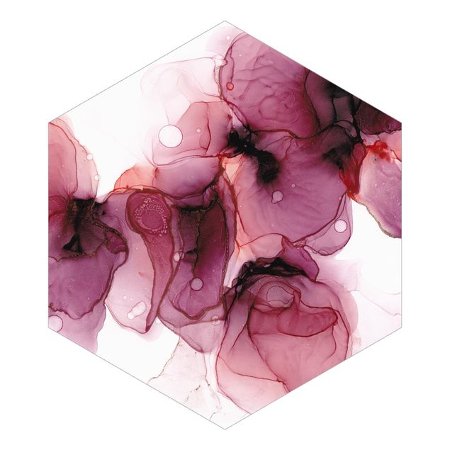Hexagon Mustertapete selbstklebend - Wilde Blüten in Violett und Gold
