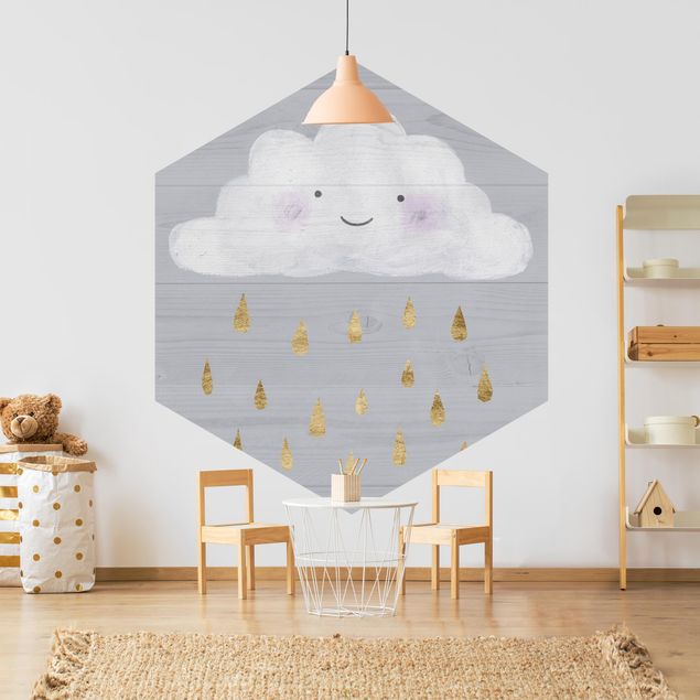 Hexagon Tapete Wolke mit goldenen Regentropfen