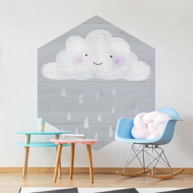 Hexagon Tapete Wolke mit silbernen Regentropfen