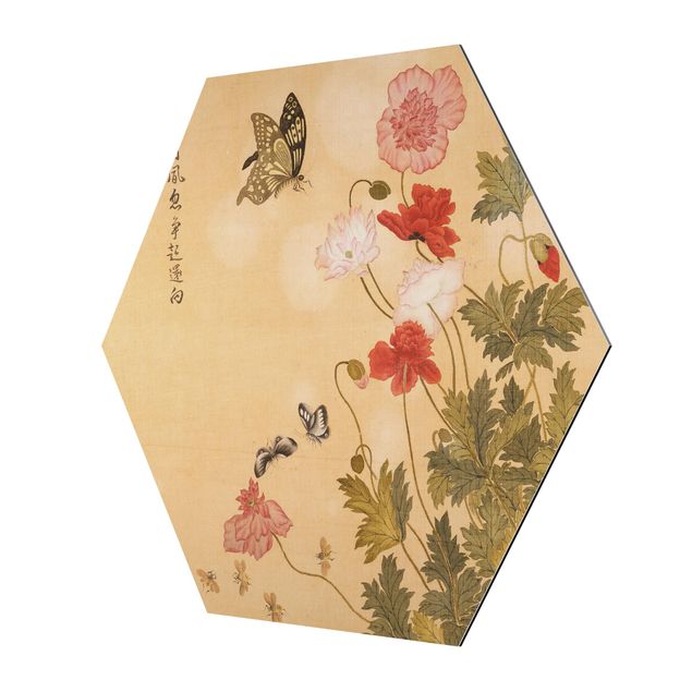 Wandbilder Kunstdrucke Yuanyu Ma - Mohnblumen und Schmetterlinge
