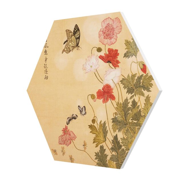 Wandbilder Kunstdrucke Yuanyu Ma - Mohnblumen und Schmetterlinge