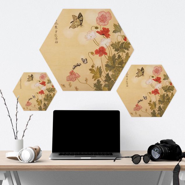 Bilder Hexagon Yuanyu Ma - Mohnblumen und Schmetterlinge