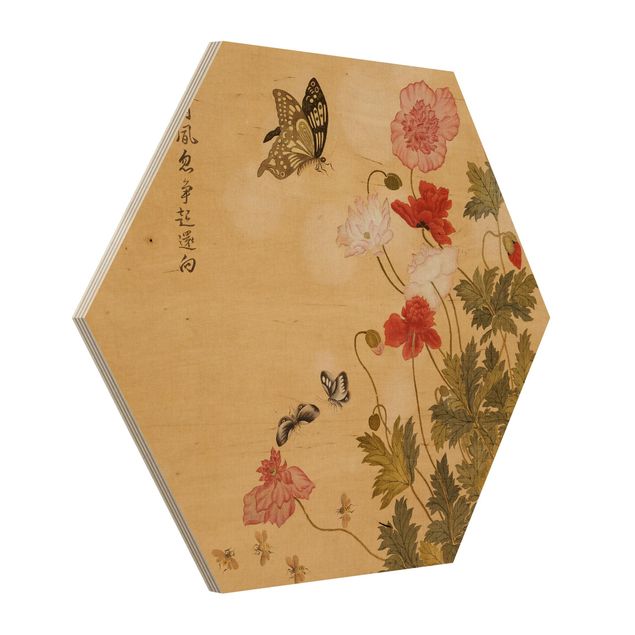 Holzbilder Blumen Yuanyu Ma - Mohnblumen und Schmetterlinge
