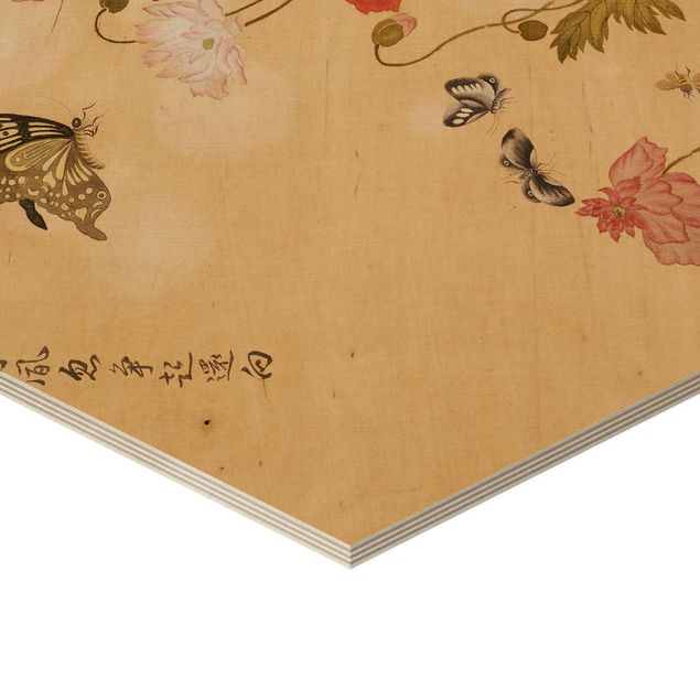 Wandbild Holz Yuanyu Ma - Mohnblumen und Schmetterlinge