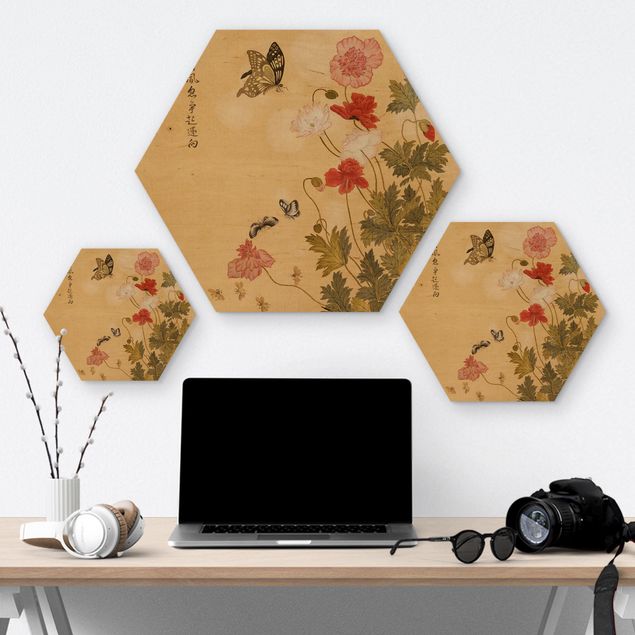 Kunstdrucke kaufen Yuanyu Ma - Mohnblumen und Schmetterlinge