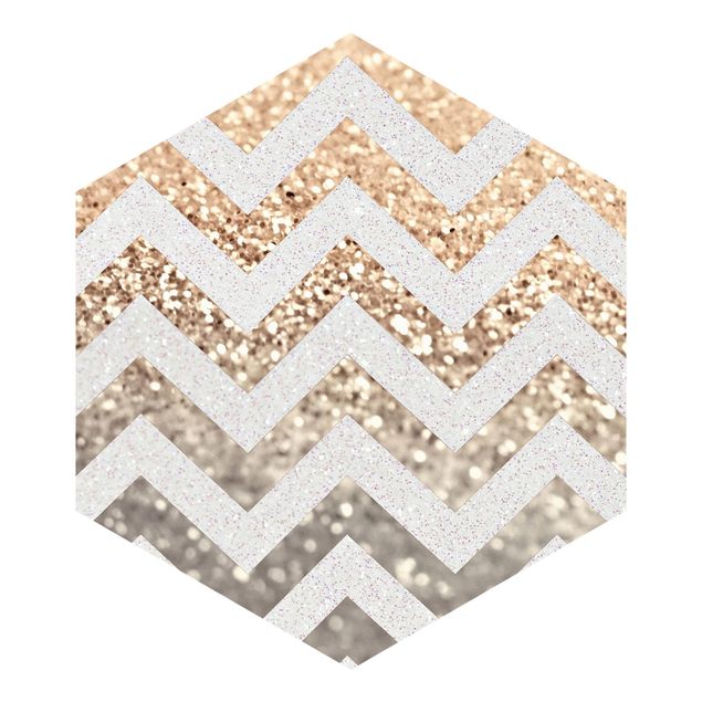 Hexagon Tapete Zackenlinien mit Goldglitzer und Silber
