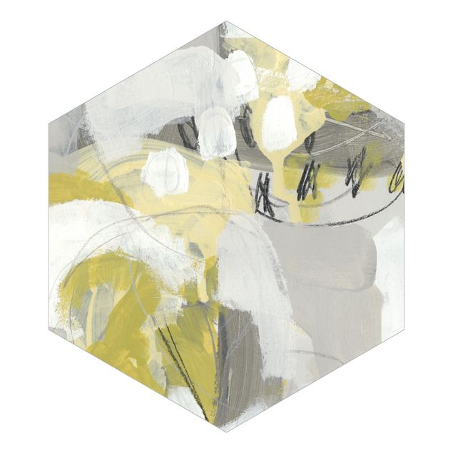 Hexagon Mustertapete selbstklebend - Zitronen im Nebel I