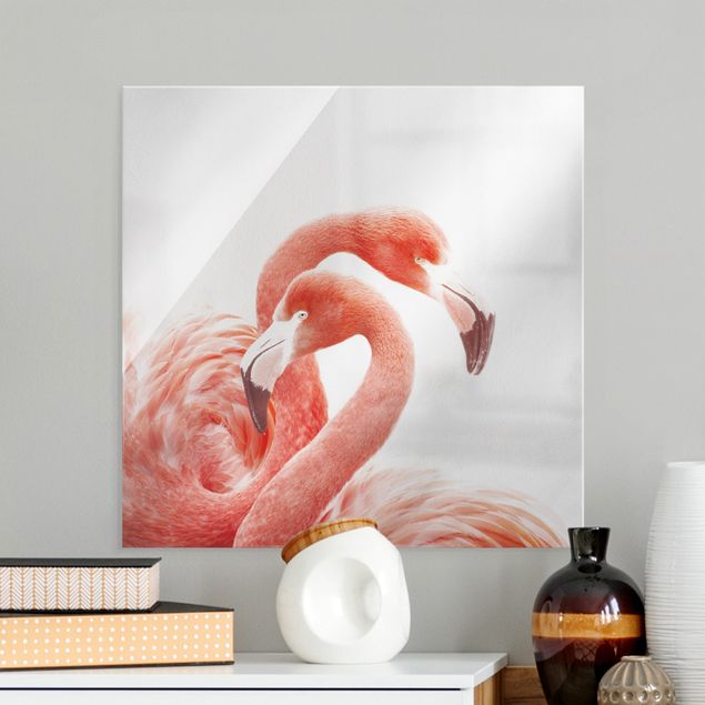 Glasbilder Karibik Zwei Flamingos