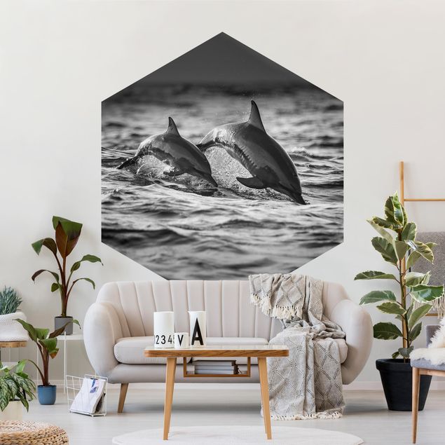 Fototapete Schwarz-Weiß Zwei springende Delfine